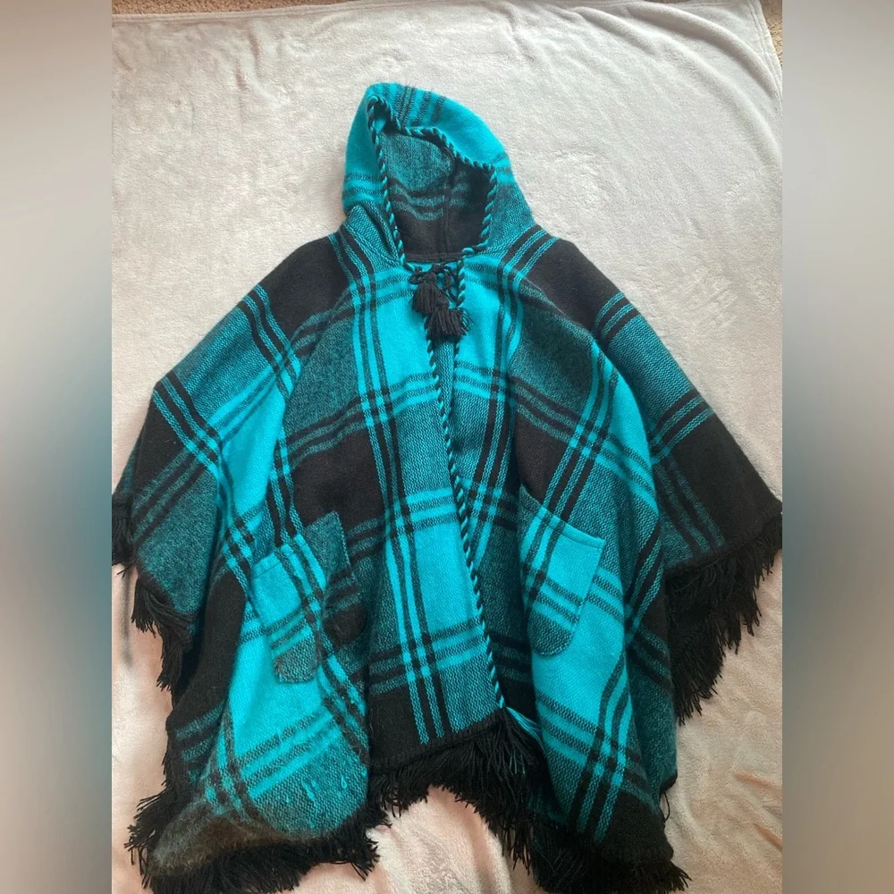 One Size Teal And Black Hooded Poncho